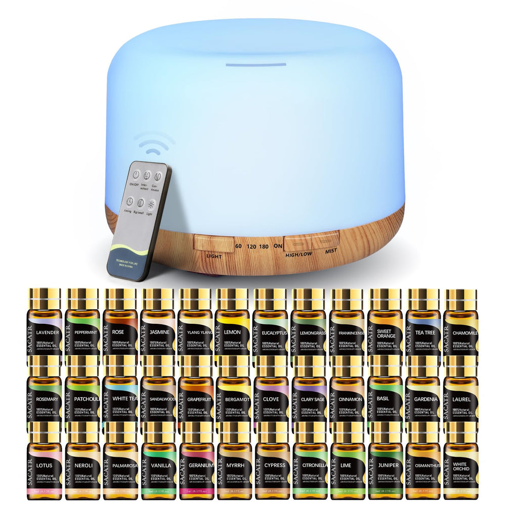 SACATR 500ml essential oil diffuser with 36 oils, front view