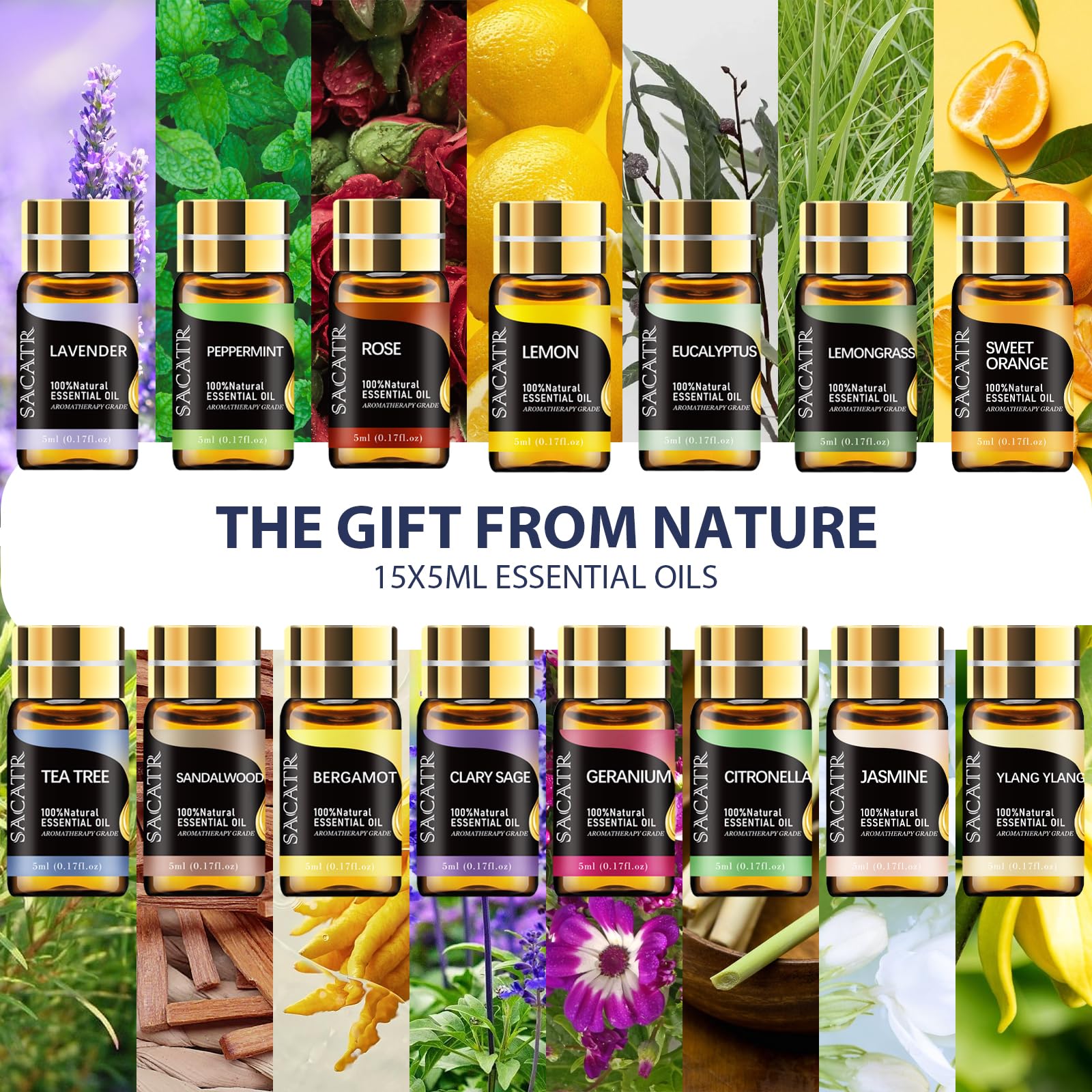 Set of 15 essential oil bottles included with diffuser