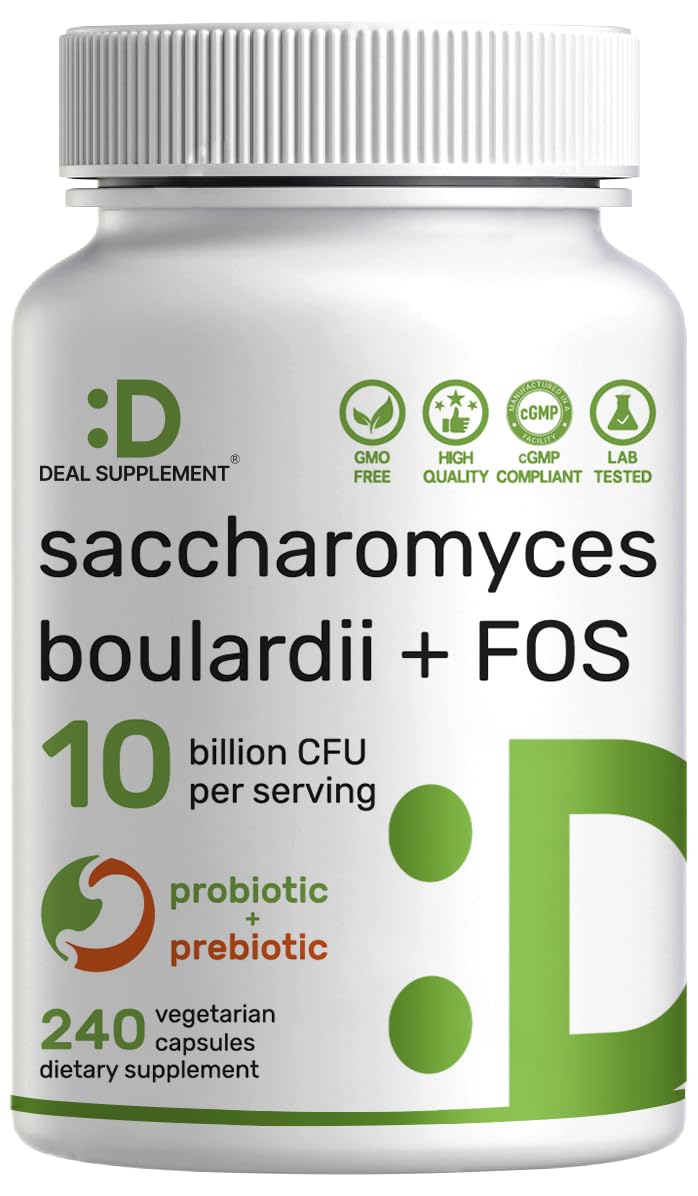 Bottle label showing Saccharomyces boulardii probiotic capsules with 10B CFU per serving
