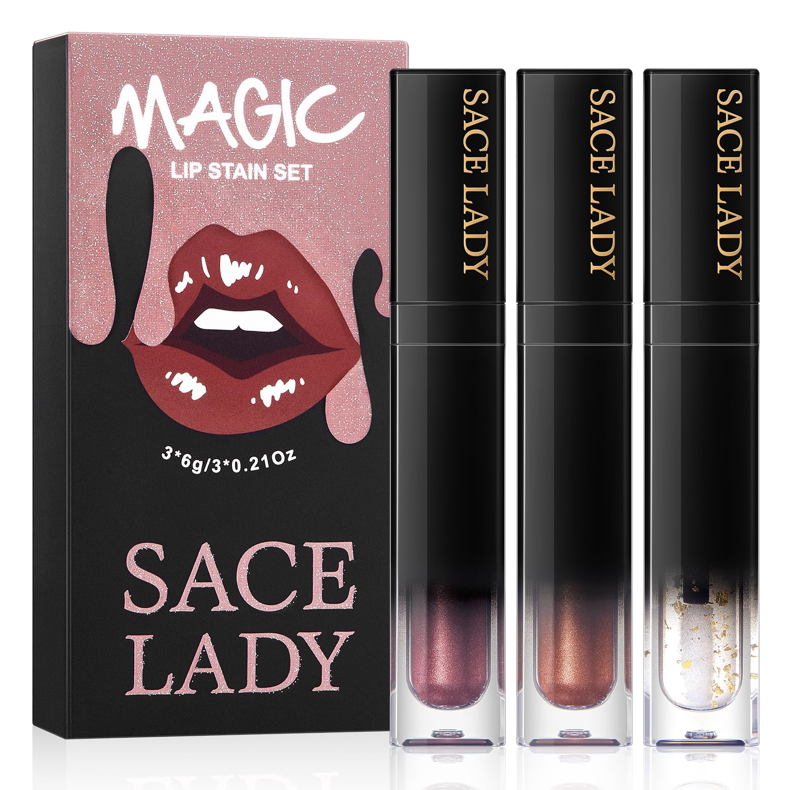 SACE LADY Lip Stain Set packaging shows a sleek dual-color kit for everyday use