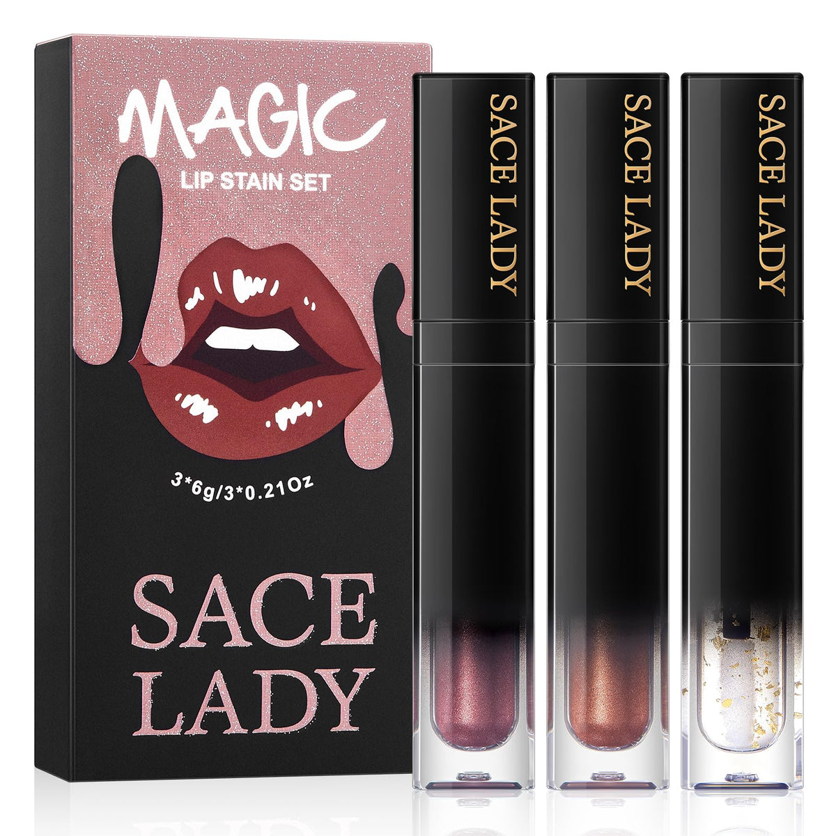 SACE LADY Lip Stain Set packaging shows a sleek dual-color kit for everyday use