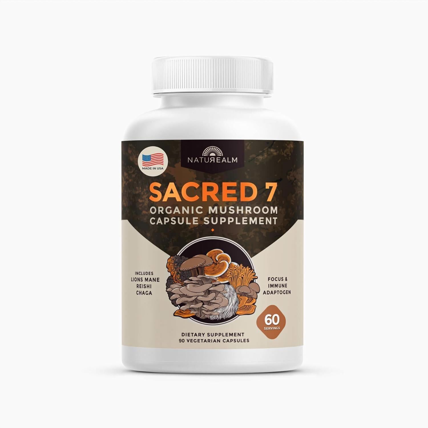 Naturealm Sacred 7 Organic Mushroom Extract Capsules bottle on white background