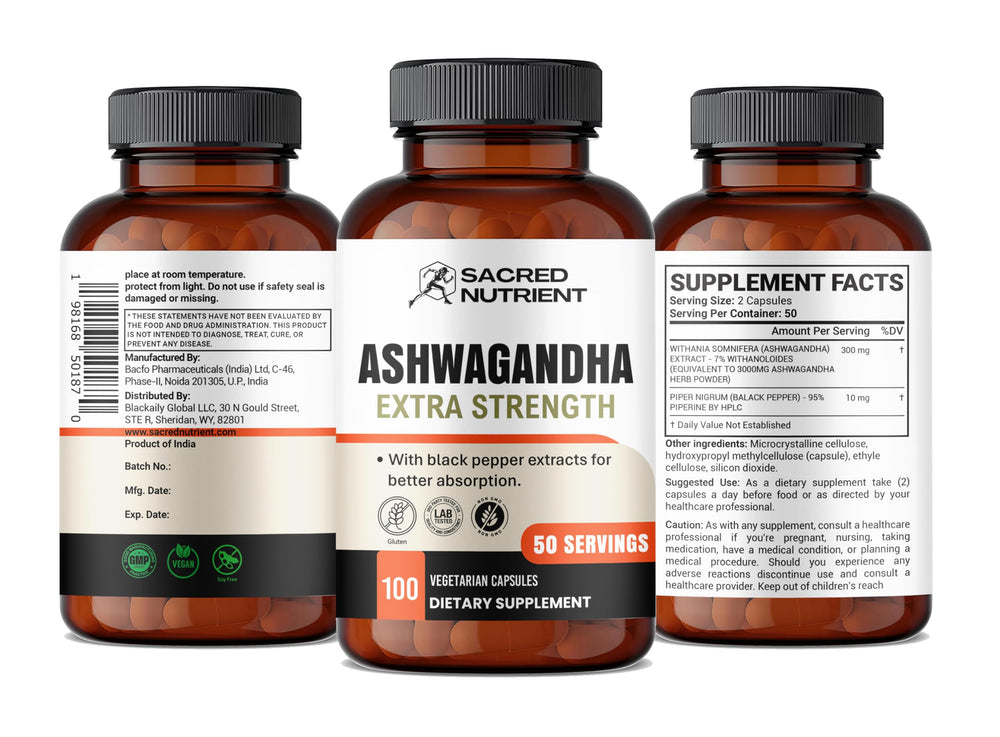 Front view of Sacred Nutrient Ashwagandha bottle with label