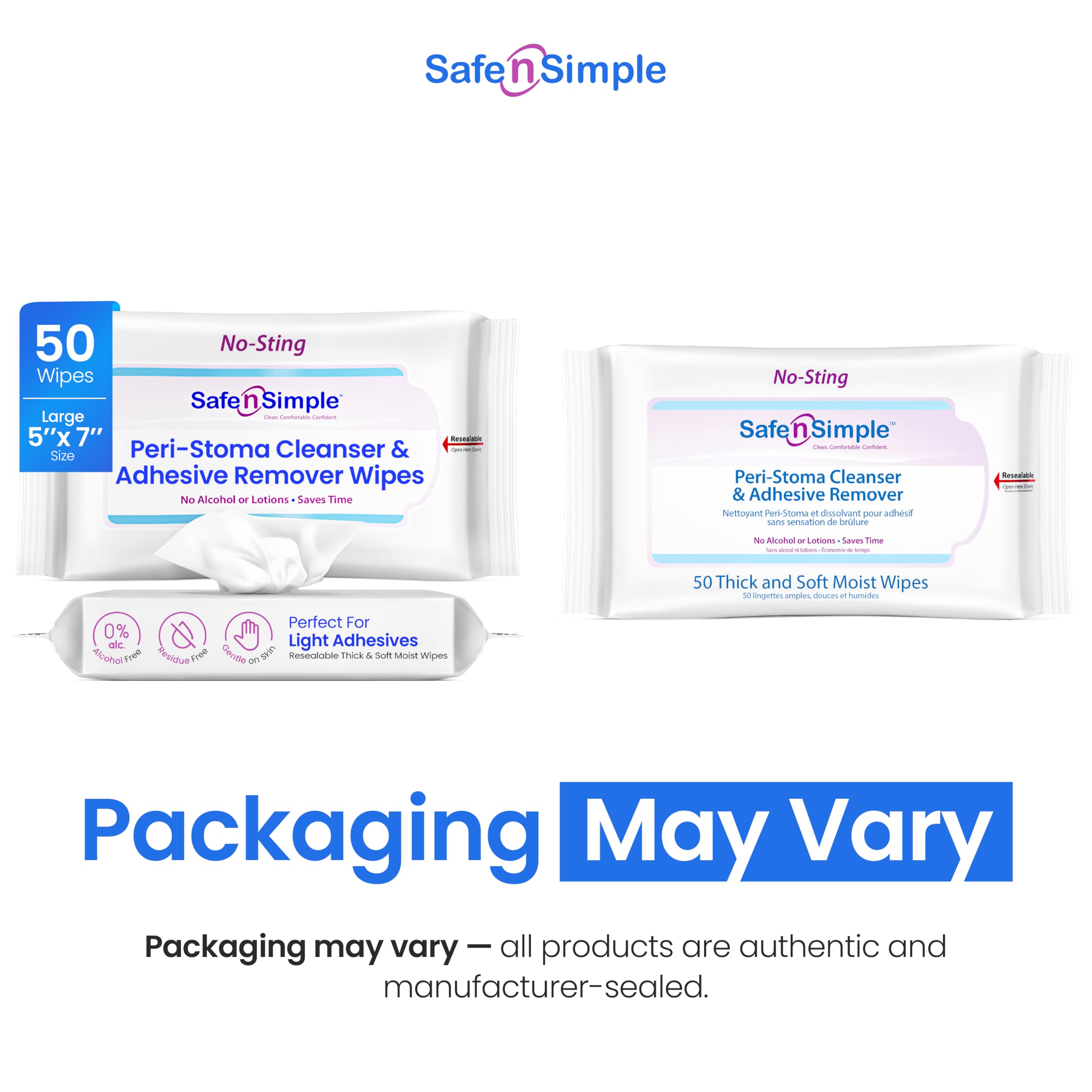 Safe n’ Simple adhesive remover wipe, 5x7 size, ready for use