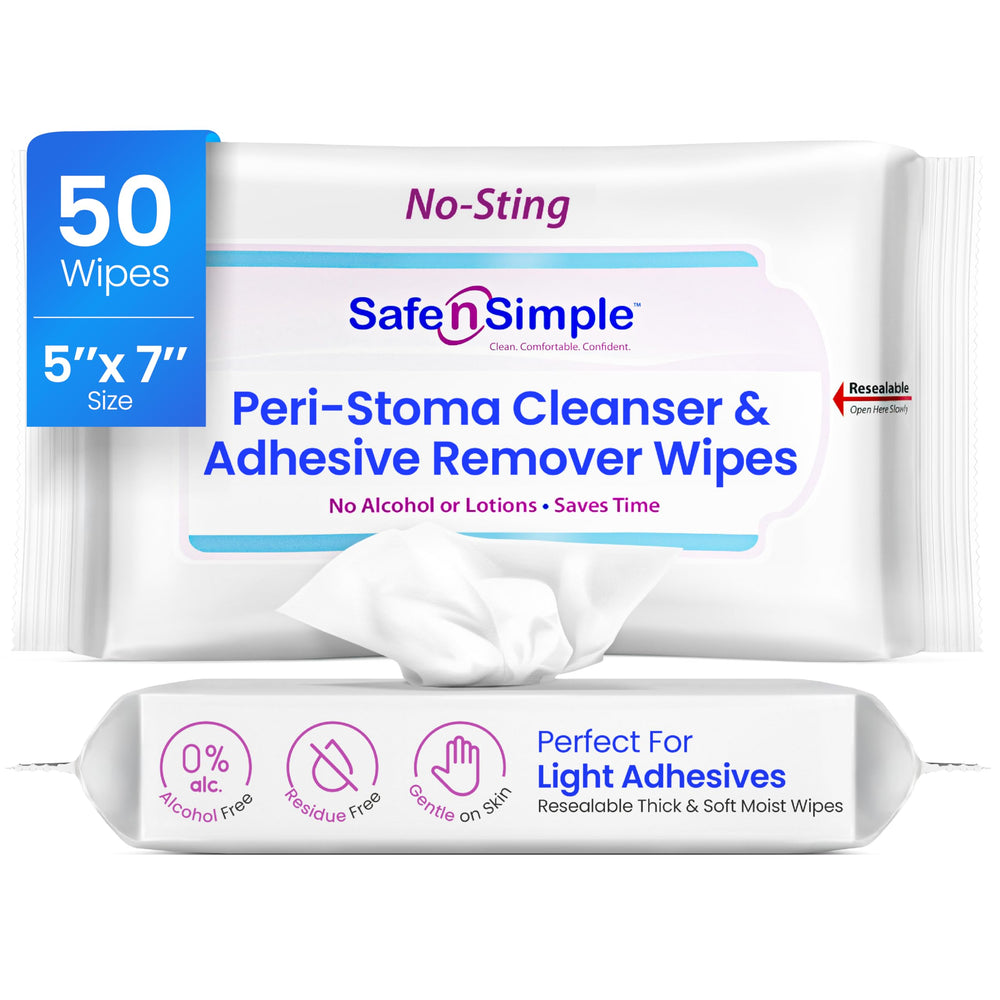 Safe n’ Simple wipes pack closeup for convenient adhesive removal