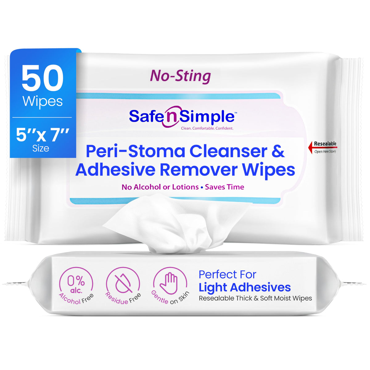 Safe n’ Simple wipes pack closeup for convenient adhesive removal