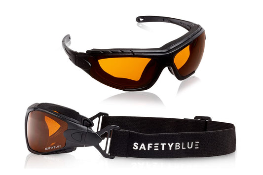 Front view of SafetyBlue Sleep Savior Deluxe Amber Lens Glasses