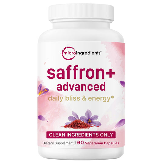 Bottle of Saffron+ Advanced Supplements with 60 veggie capsules on a clean background