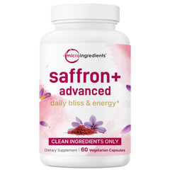 Bottle of Saffron+ Advanced Supplements with 60 veggie capsules on a clean background