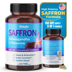 Bottle of Sotalix Saffron with Ashwagandha, Ginseng, L-Theanine for relaxation and restore benefits, USA made