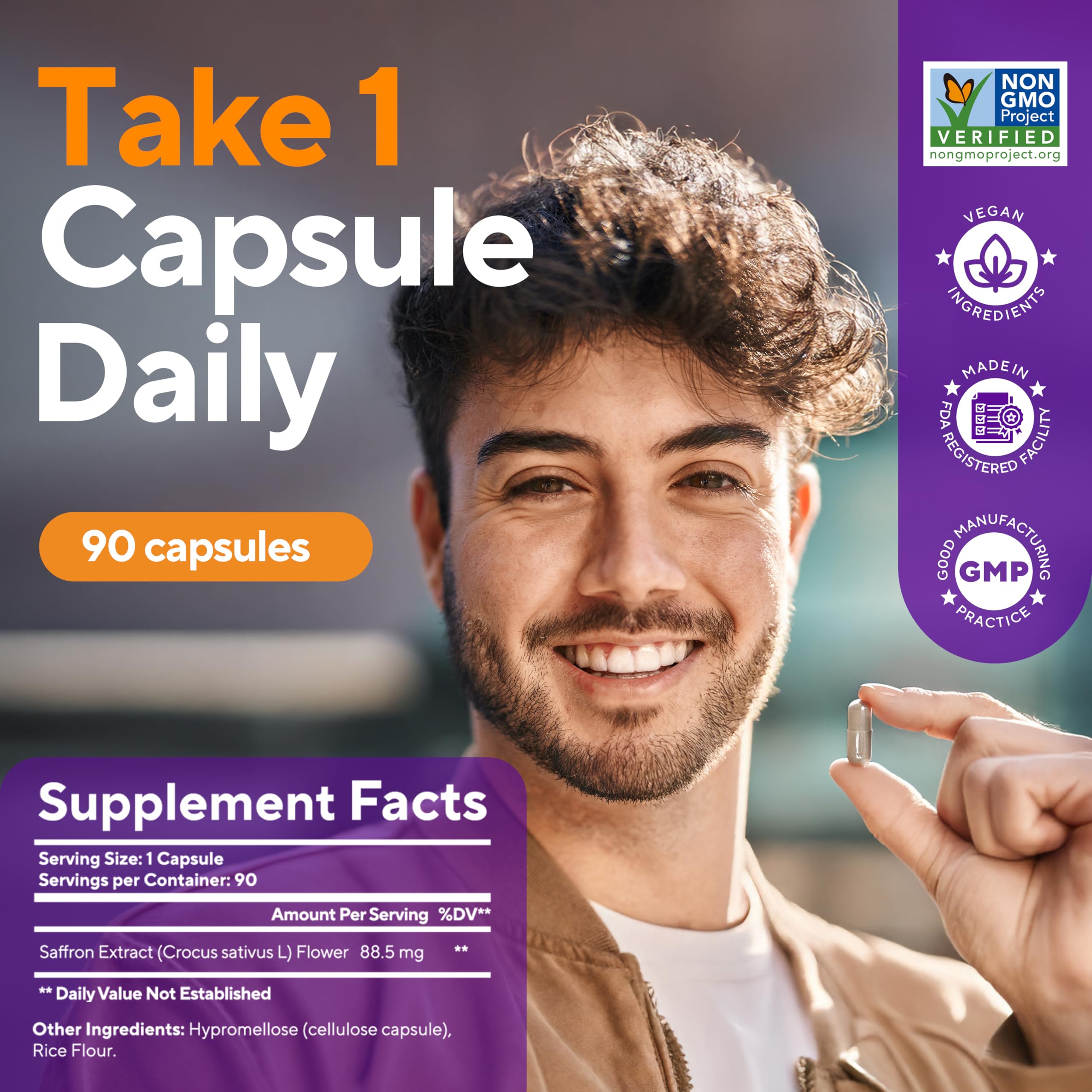 Saffron capsules showing 88.5 mg saffron extract per capsule