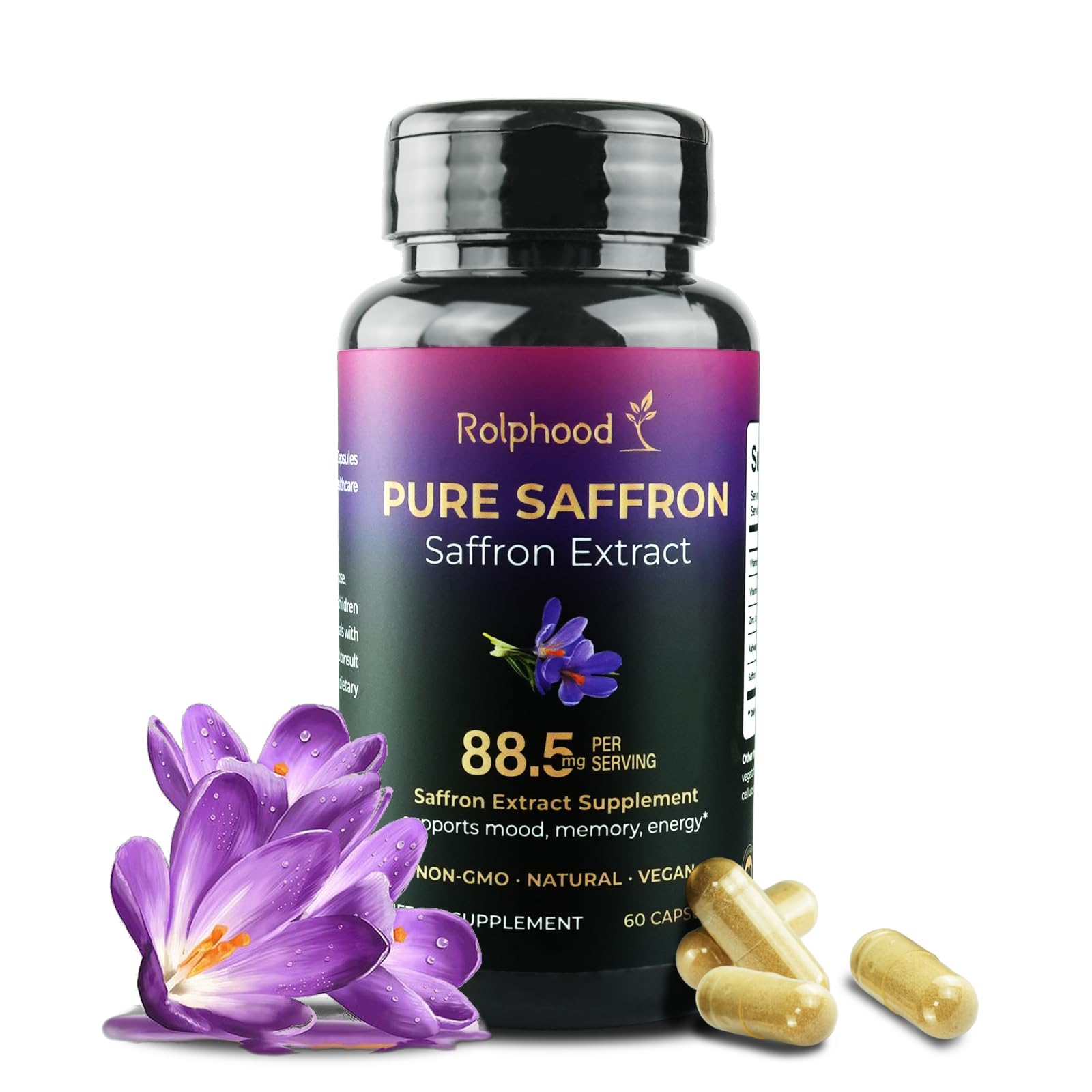 Saffron extract capsules bottle showing 88.5mg per serving