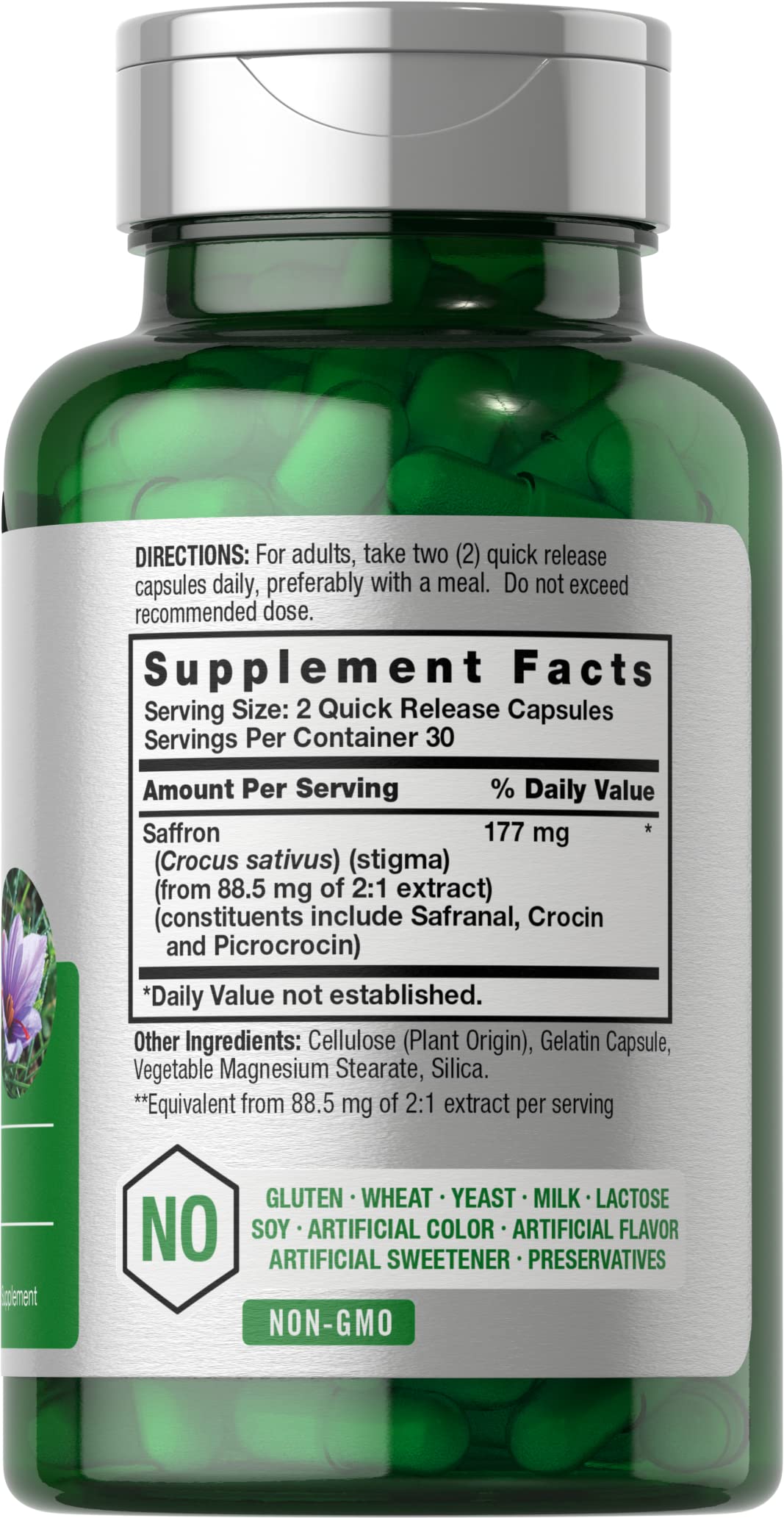 Label showing saffron extract dosage and ingredients