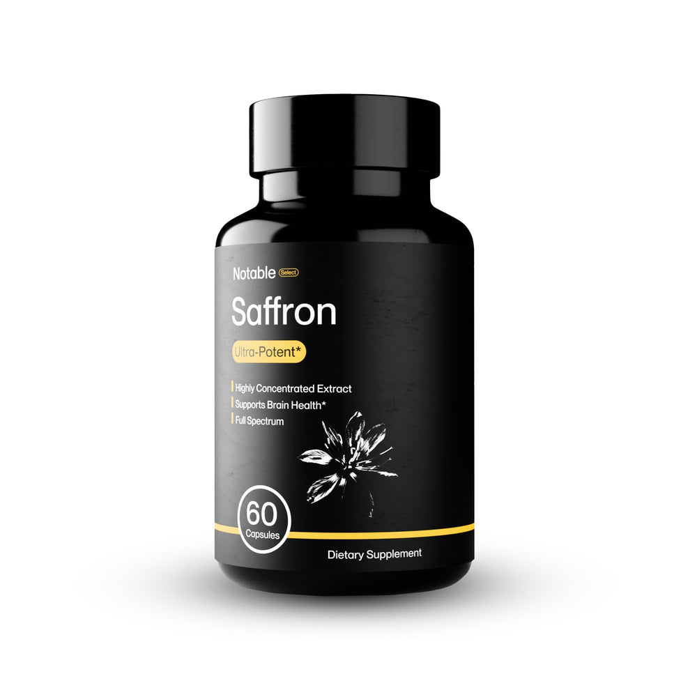 Front view of Notable Ultra-Potent Saffron Extract Capsules bottle showing 60-day supply