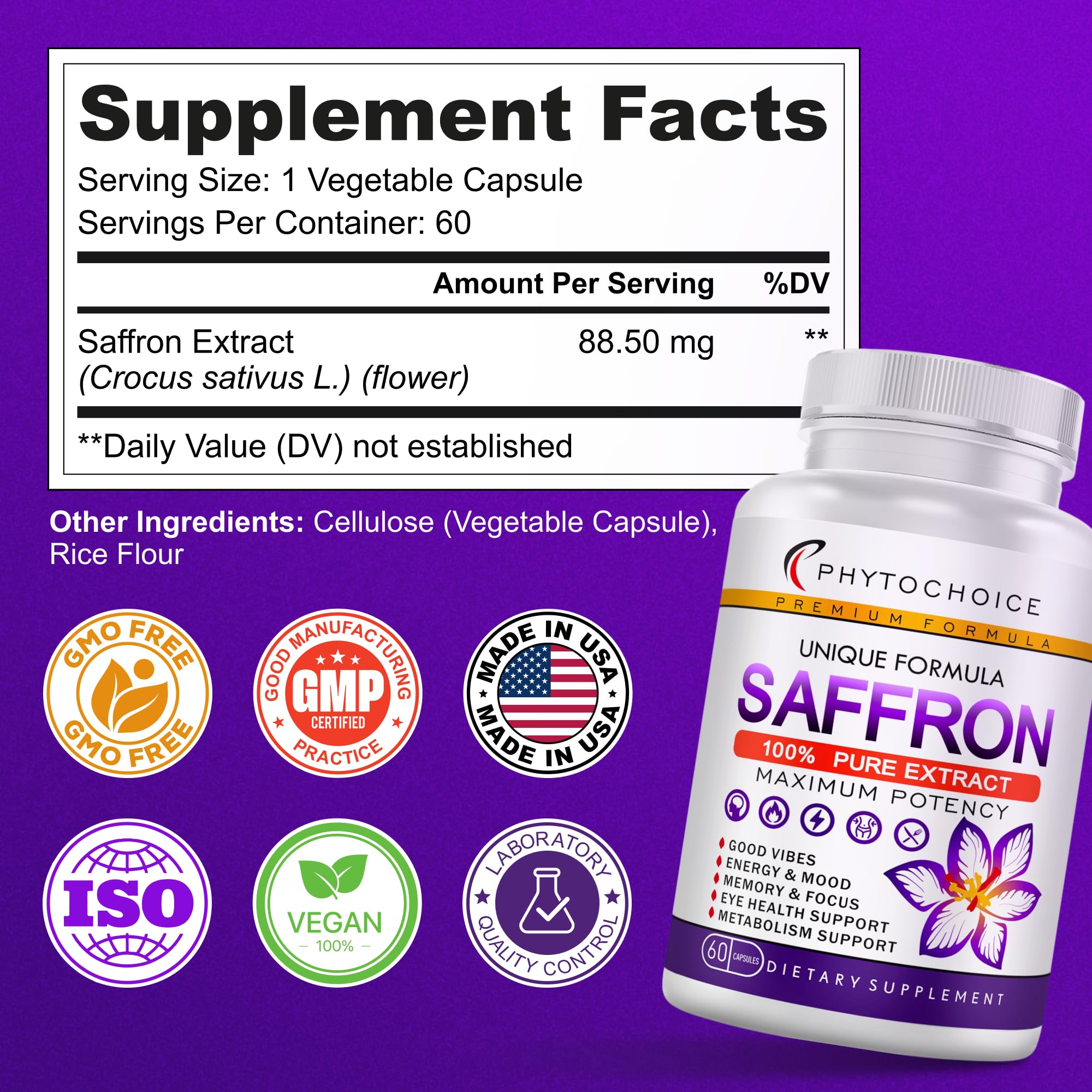 Non-GMO and gluten-free label on saffron capsules bottle