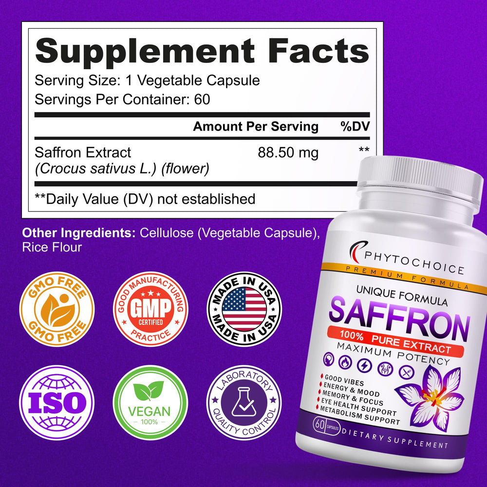Non-GMO and gluten-free label on saffron capsules bottle