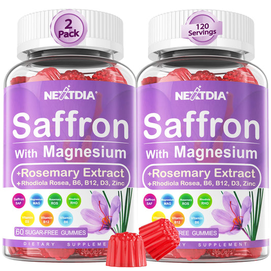 Front view of saffron gummies bottle showing 4-month supply