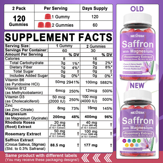 Two-pack saffron gummies packaging against white background