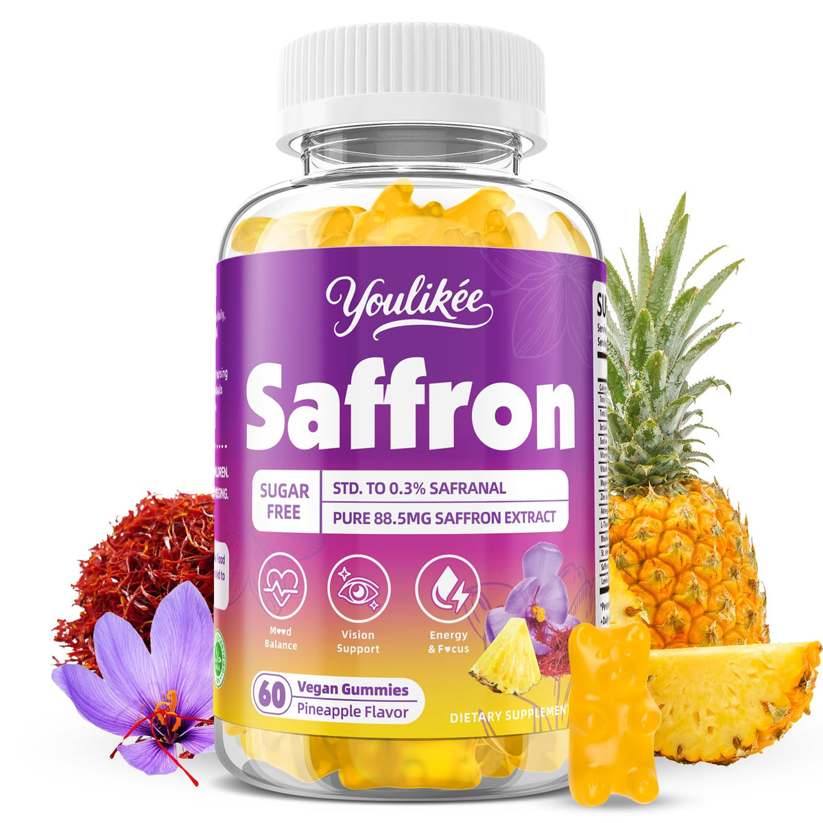 Bottle of Saffron Gummies 88.5mg with pineapple flavor
