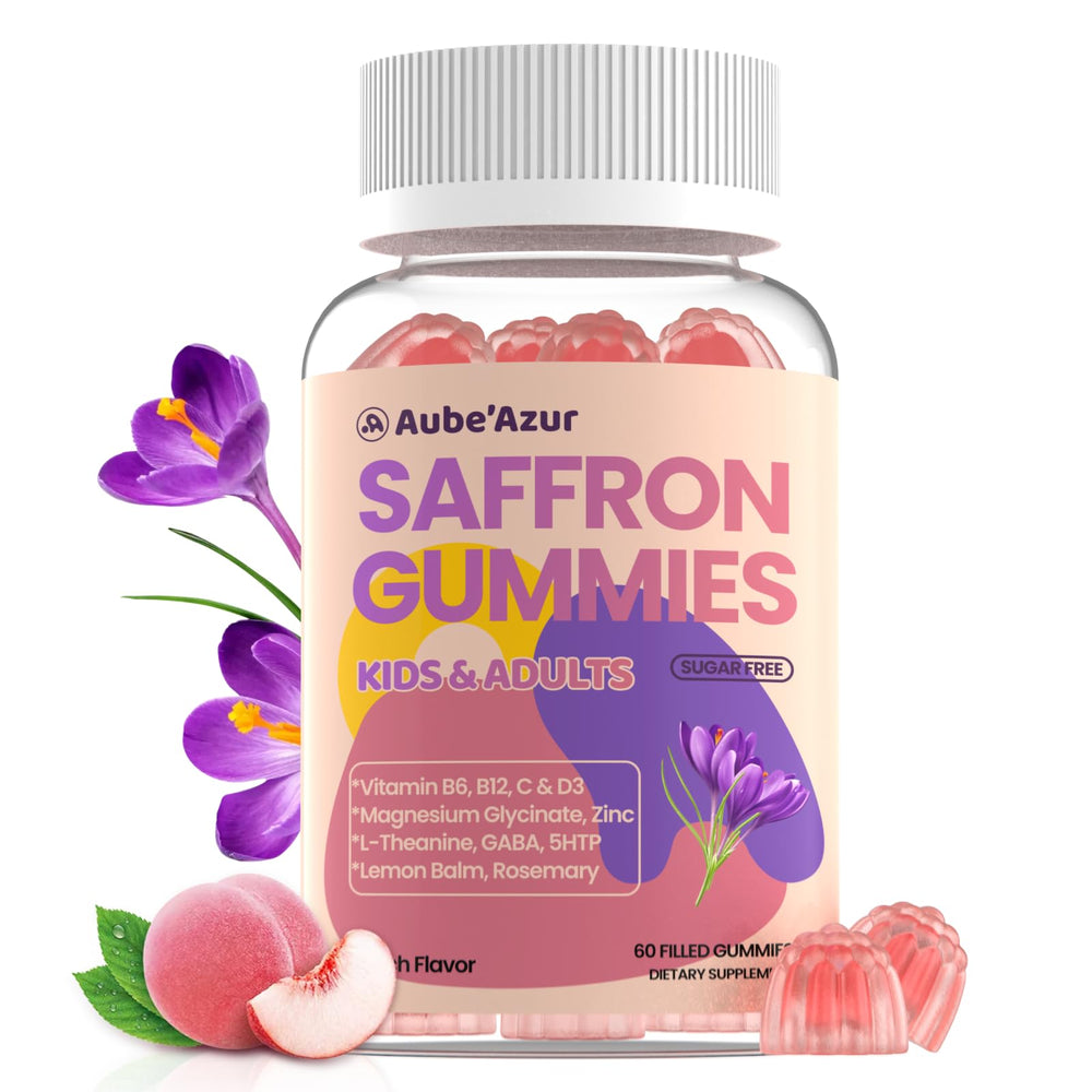 Front view of saffron gummies bottle – 60 count, peach flavor, 88.5mg per gummy