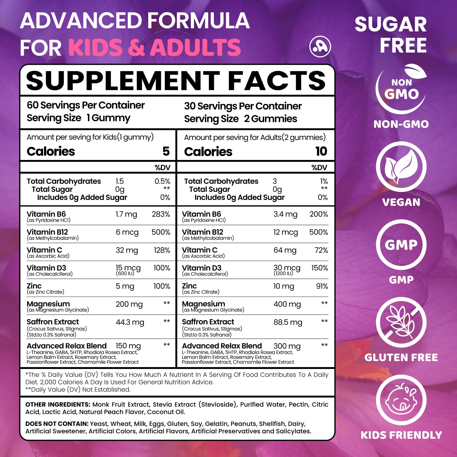 Packaging image for saffron gummies – 60 count, peach flavor