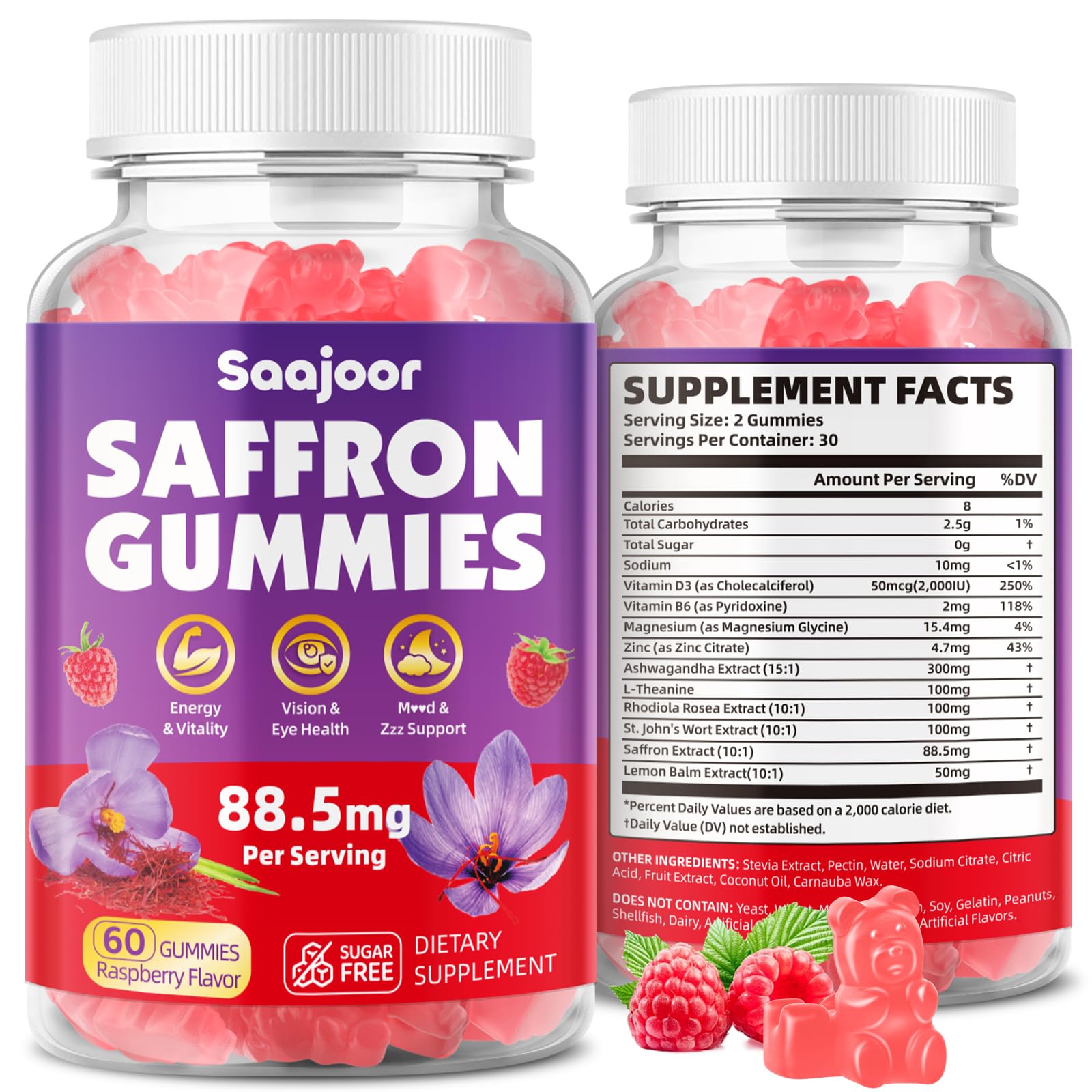 Saffron gummies 88.5mg Raspberry flavor 60-count
