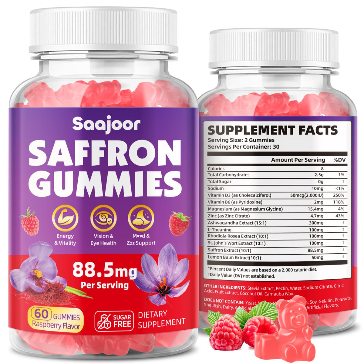 Saffron gummies 88.5mg Raspberry flavor 60-count