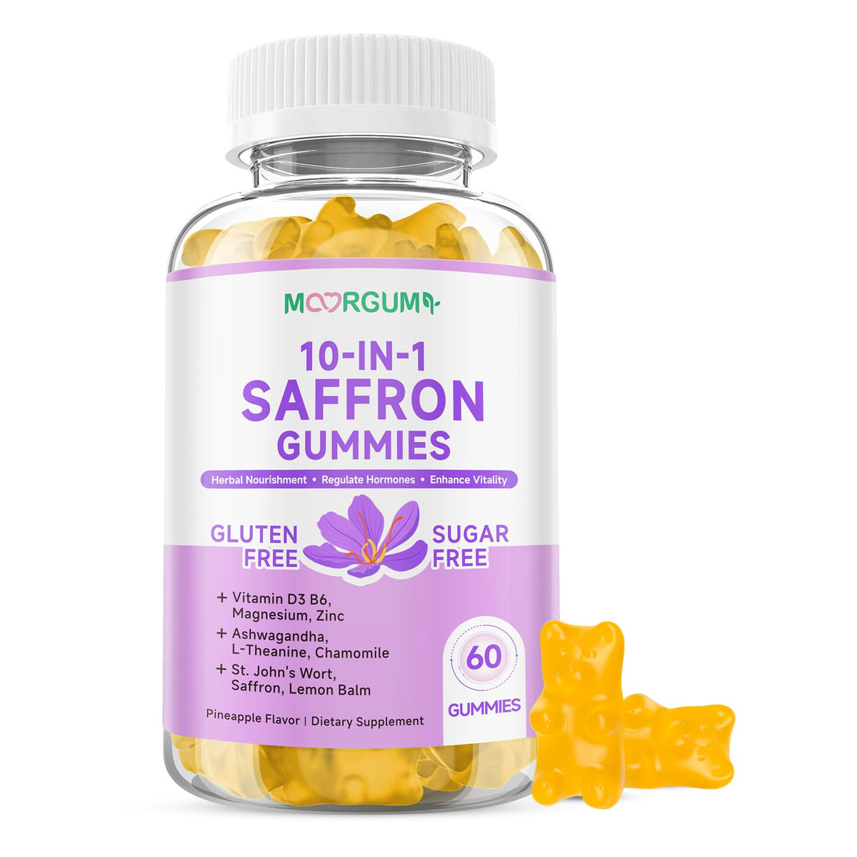 Front bottle of Saffron Gummies for Adults, 60-count
