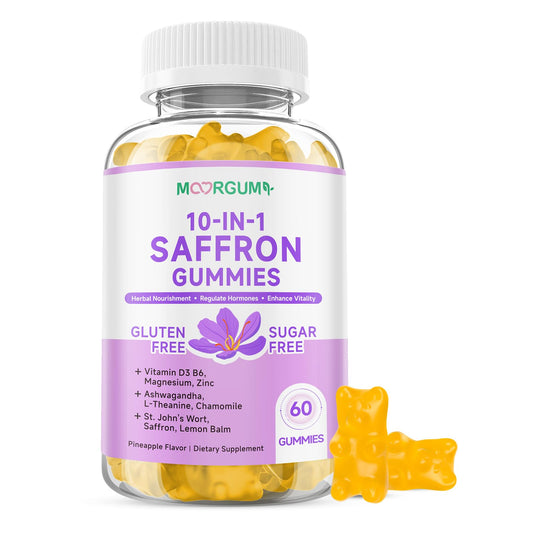 Front bottle of Saffron Gummies for Adults, 60-count