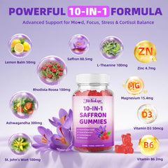 Saffron gummies highlighting antioxidant and nerve health benefits.