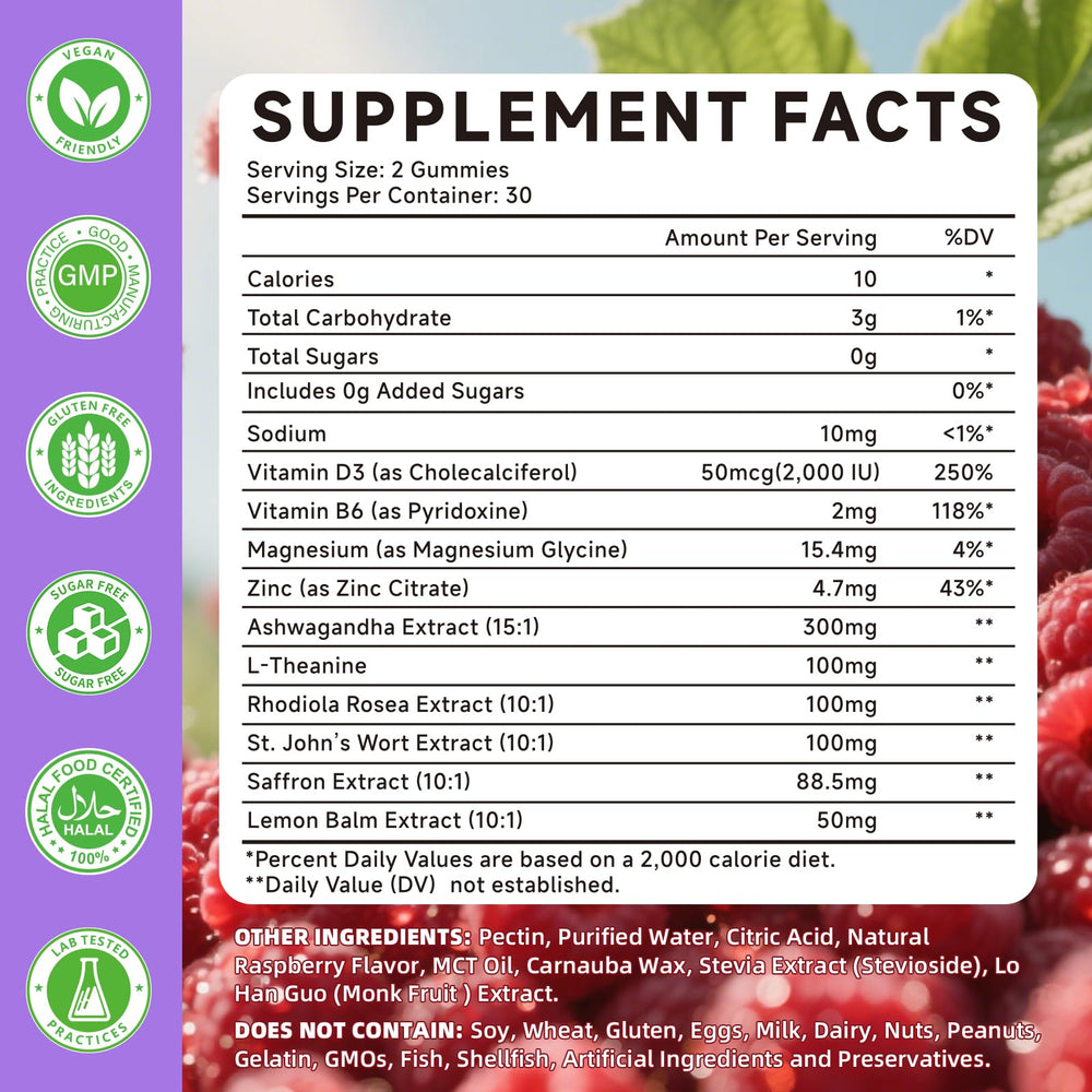 Ingredient panel showing saffron extract with Ashwagandha, L-Theanine and Rhodiola rosea.
