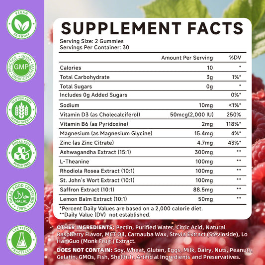 Ingredient panel showing saffron extract with Ashwagandha, L-Theanine and Rhodiola rosea.