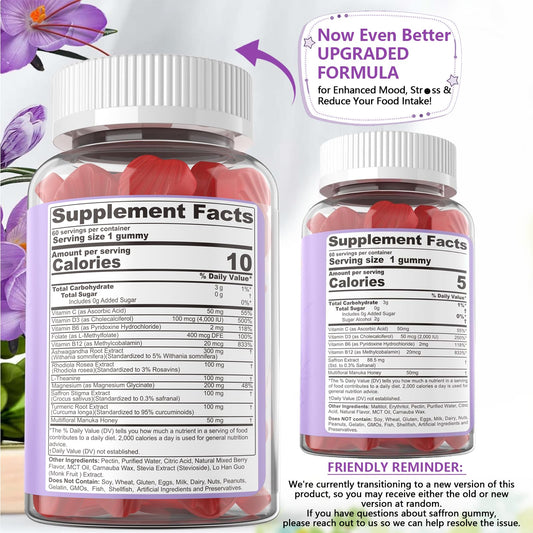 Saffron gummies ingredient blend showing magnesium glycinate and L-theanine
