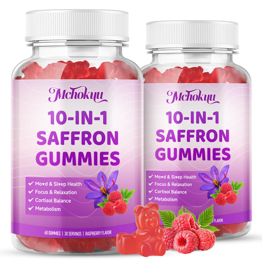 Hero image: saffron gummies bottle with raspberry flavor for kids and adults (120-count).