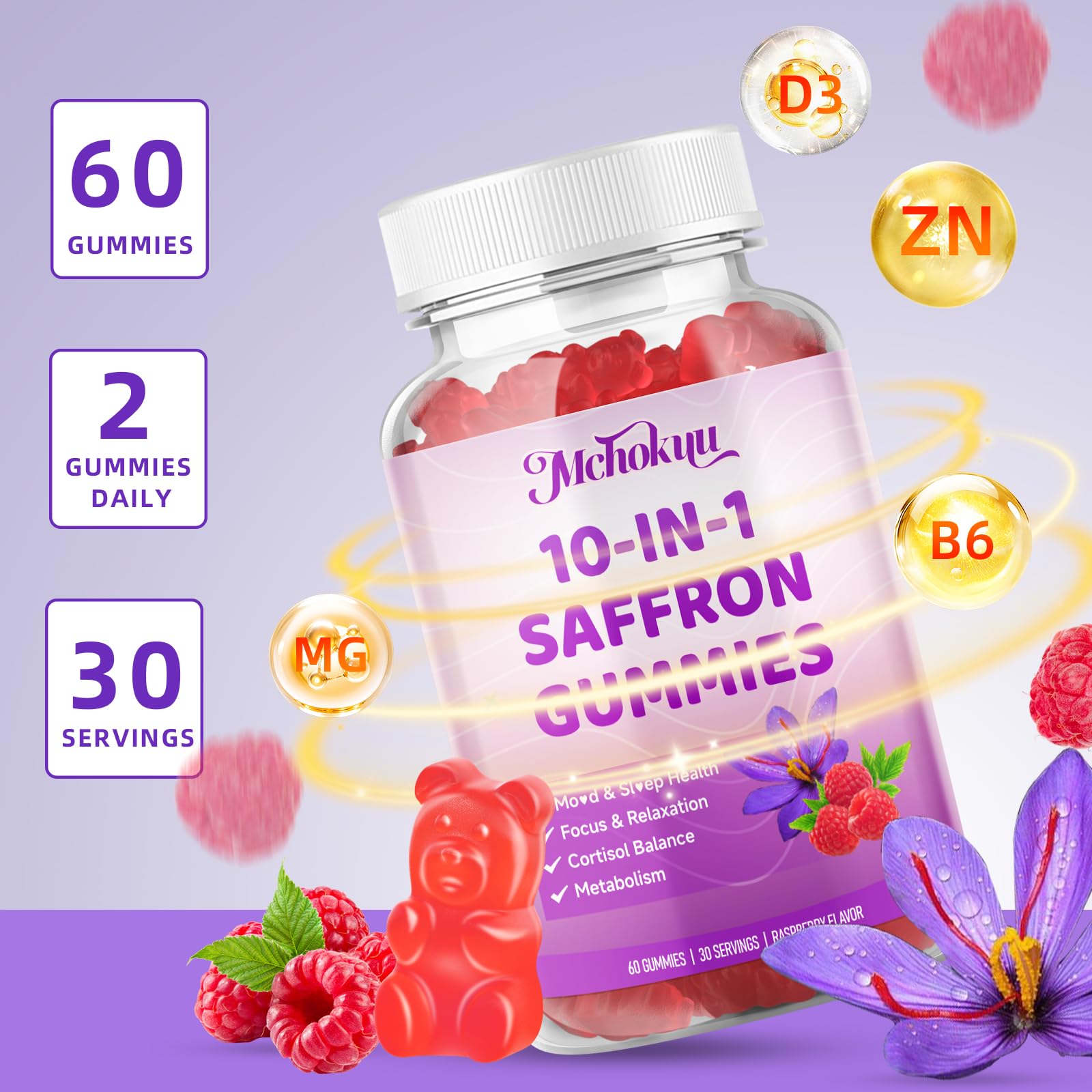Product packaging bottle of saffron gummies.
