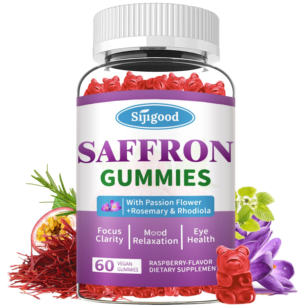 Saffron Gummies Raspberry Flavor bottle front view