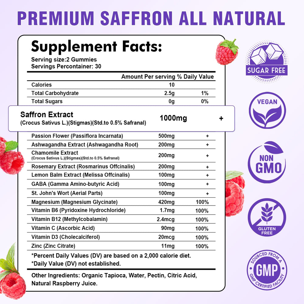 60 count saffron gummies on white background with label