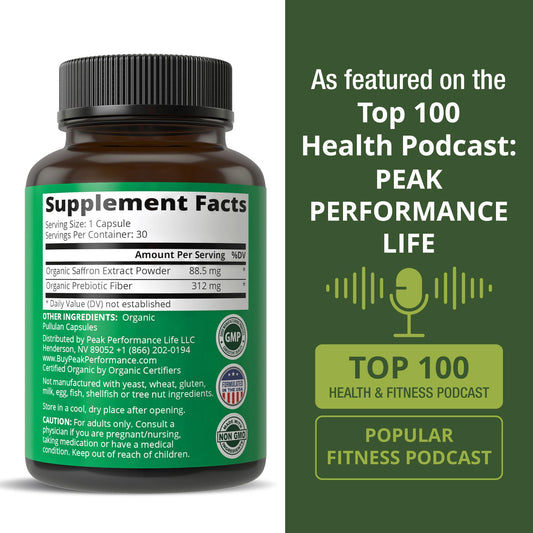 Saffron capsules with organic prebiotic fiber label