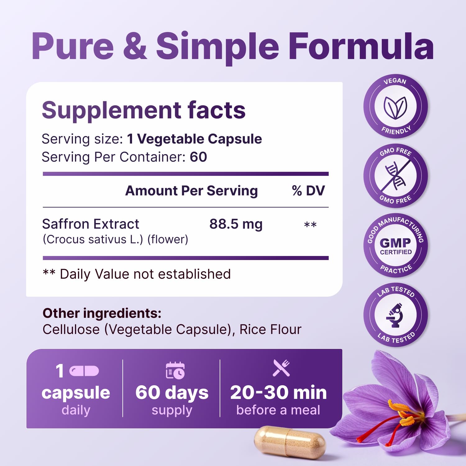 Saffron Supplements bottle with 60 capsules on a white background