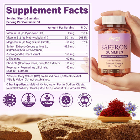 Close-up of saffron extract 88.5 mg with Ashwagandha and L-Theanine ingredients