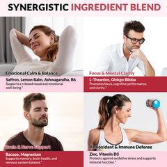 Bottle with saffron extract, Ashwagandha, L-Theanine, zinc and magnesium icons