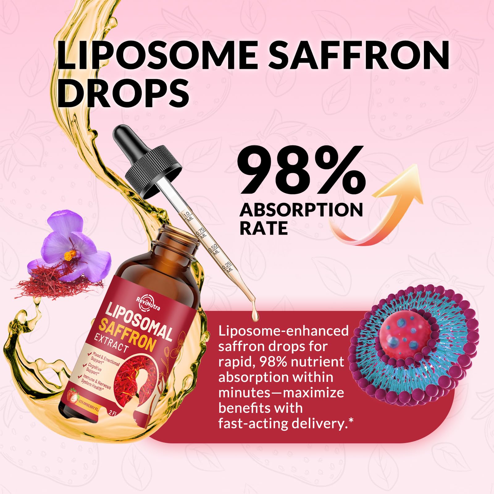 Strawberry-flavored saffron liquid bottle with vitamin icons