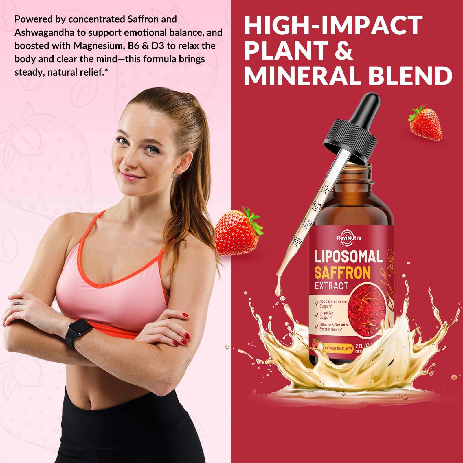 Packaging and bottle emphasizing strawberry flavor