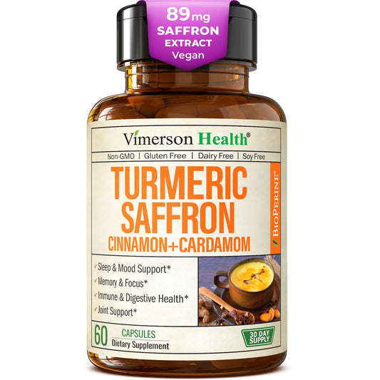 Bottle of Saffron Turmeric capsules 60-count on white background