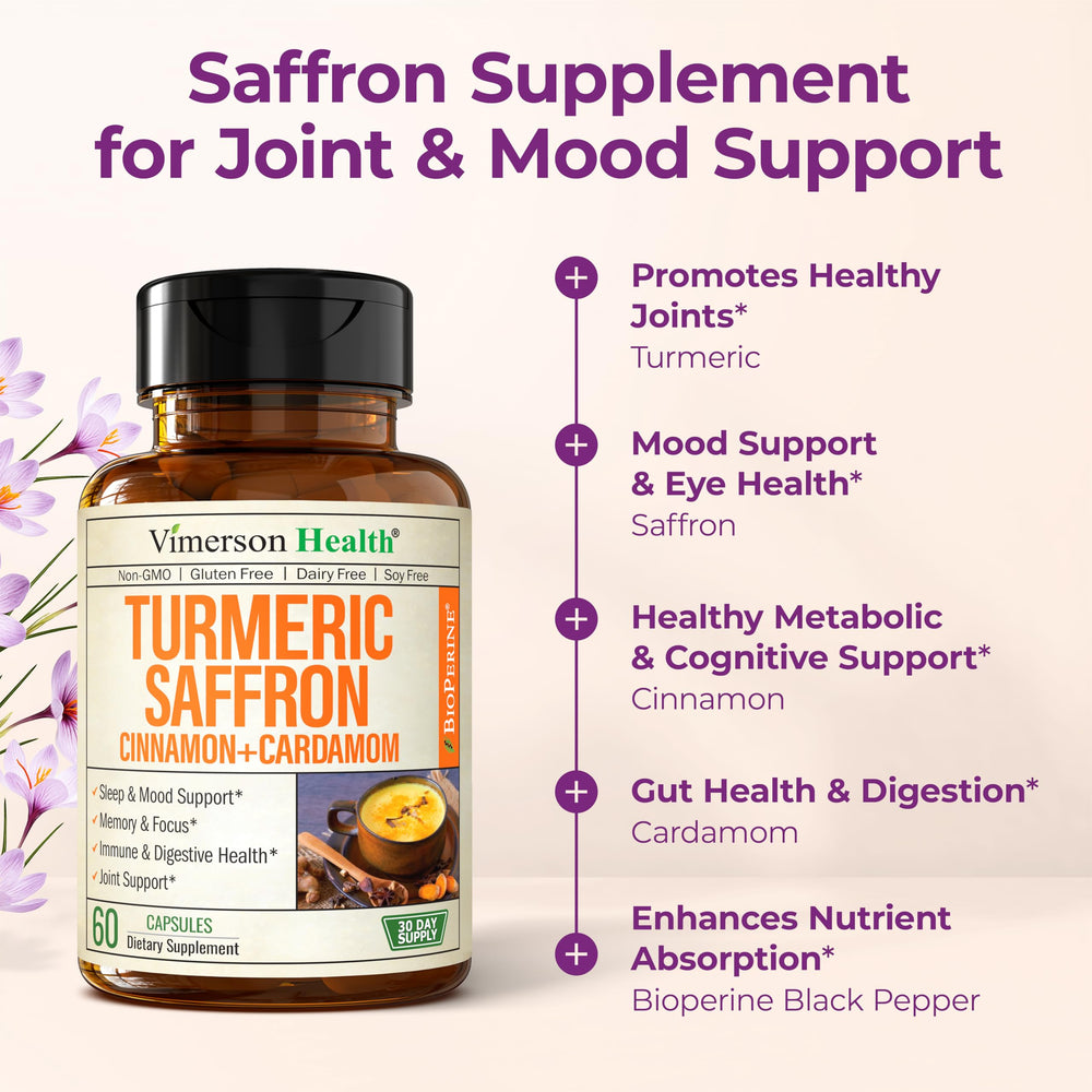 Ingredients spread: saffron threads, turmeric powder, cinnamon sticks