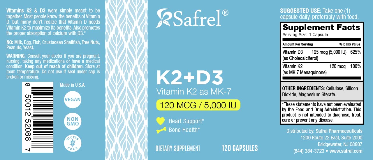 Made in USA Safrel Vitamin K2 MK7 + D3 bottle on a clean background