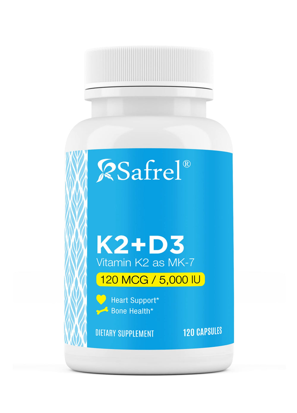 Front view of Safrel Vitamin K2 MK7 (120 mcg) and D3 (5000 IU) bottle