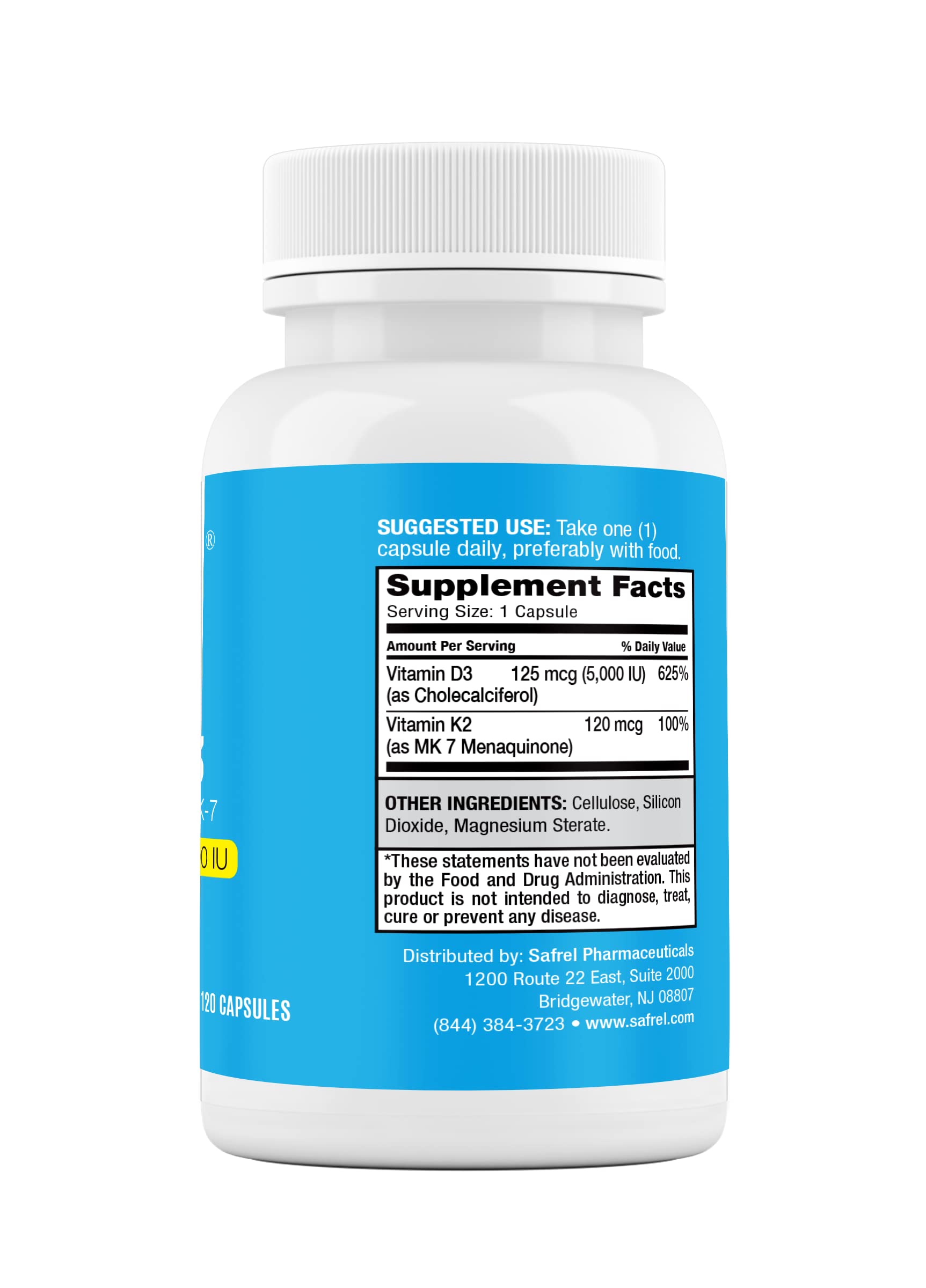 Bottle label showing K2 MK7 120 mcg and D3 5000 IU, vegan, non-GMO