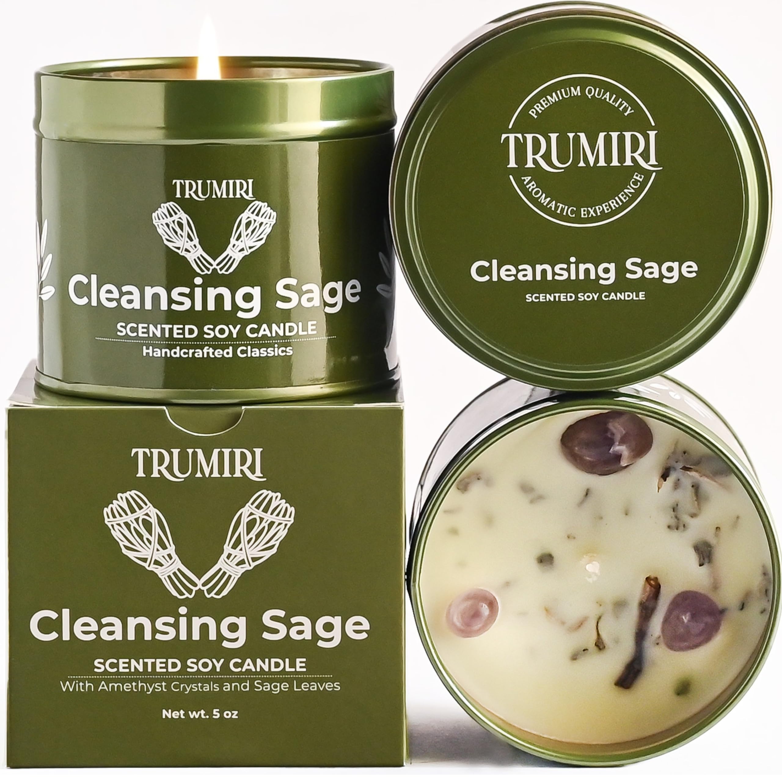 Sage candle cleansing the home with crystals in a glass jar