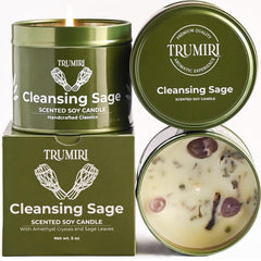 Sage candle cleansing the home with crystals in a glass jar